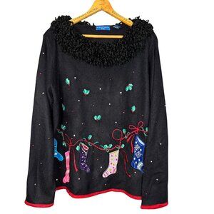 Vintage Christmas Sweater Pullover Embroidered Stockings, Fuzzy Collar Holiday